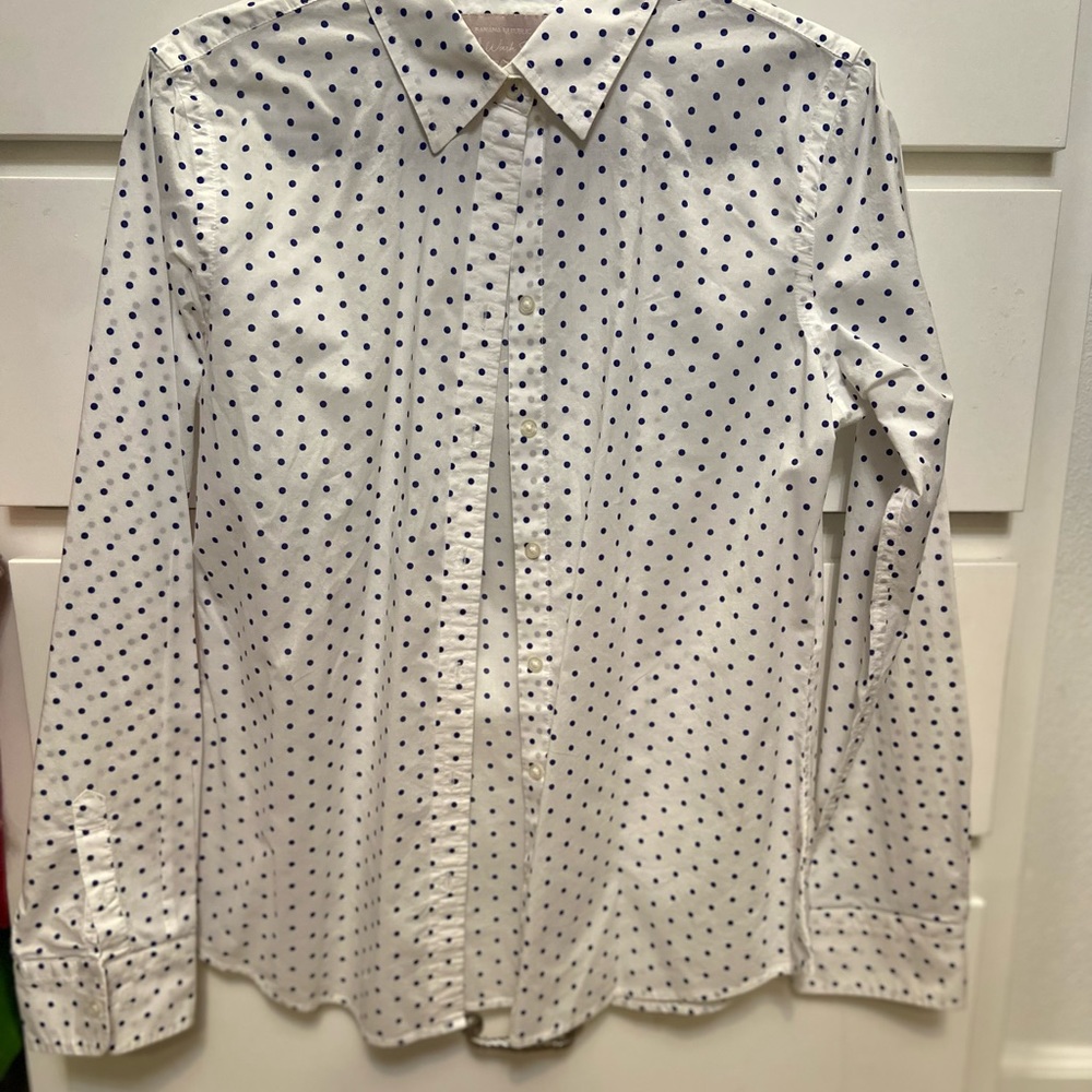 White long sleeve blouse with blue polka dotes